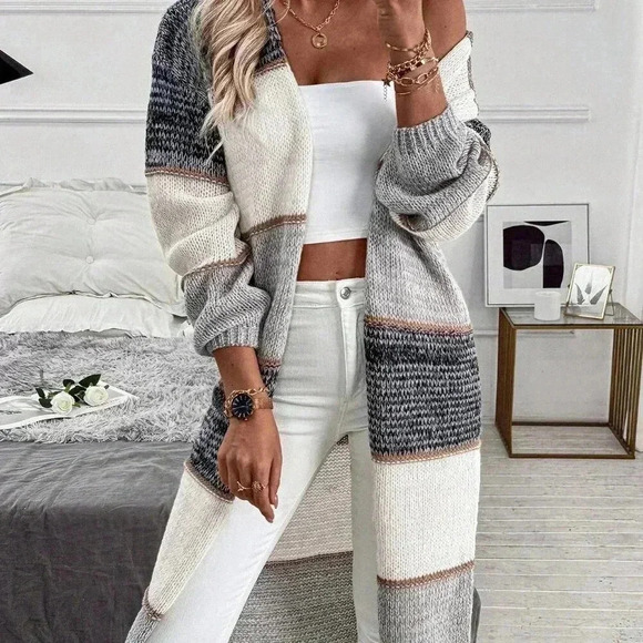 Multicolor Casual Women's Patchwork Loose Dual Pocket Long Cardigan - Picture 6 of 6